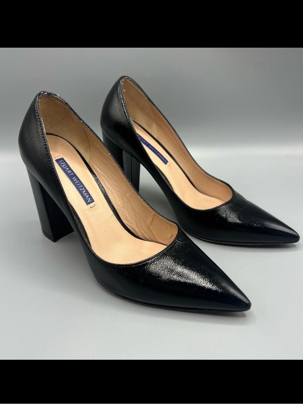 Stuart Weitzman Black Patent Leather 85 Block Pump Heels